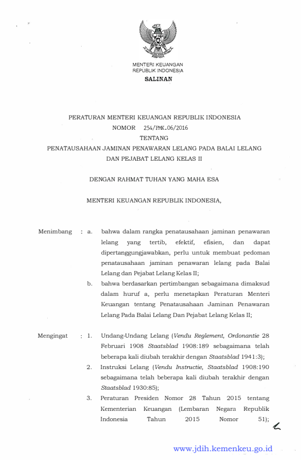 Peraturan Menteri Keuangan Nomor 254/PMK.06/2016