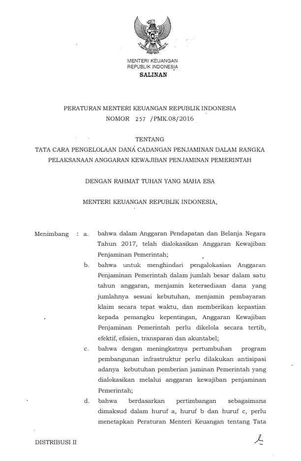 Peraturan Menteri Keuangan Nomor 257/PMK.08/2016