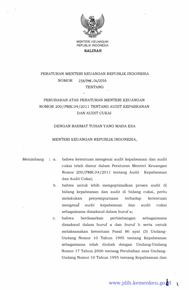 Peraturan Menteri Keuangan Nomor 258/PMK.04/2016