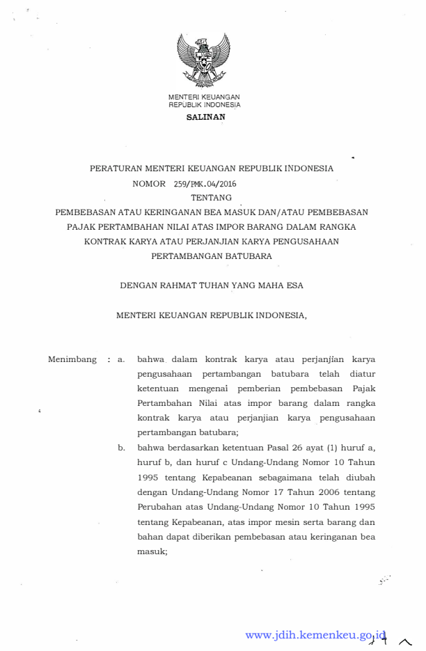 Peraturan Menteri Keuangan Nomor 259/PMK.04/2016