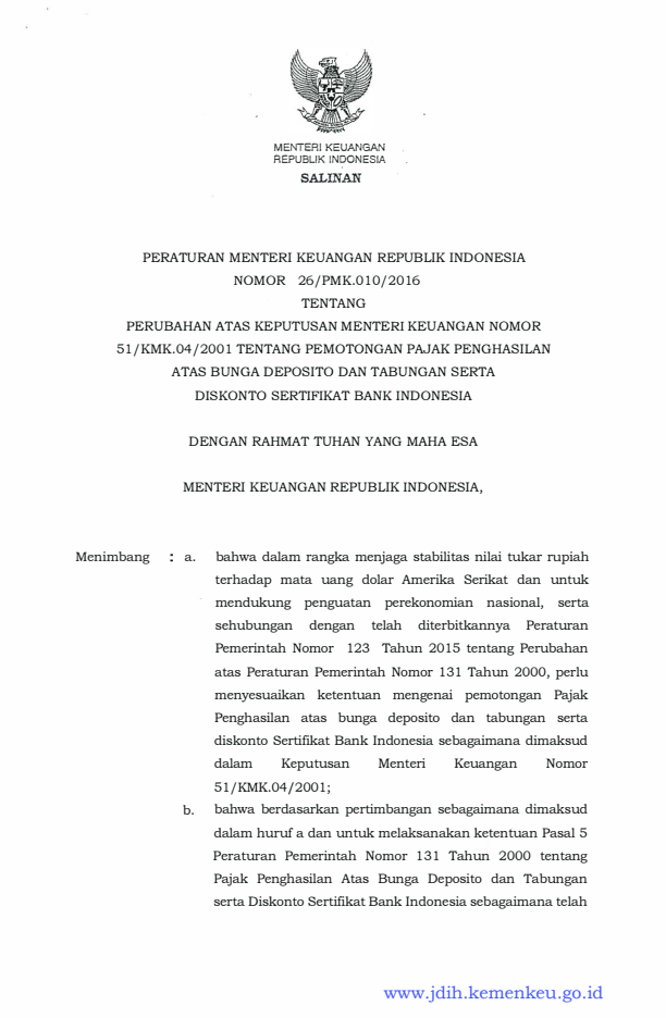 Peraturan Menteri Keuangan Nomor 26/PMK.010/2016