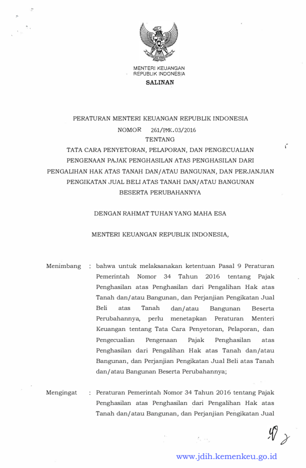 Peraturan Menteri Keuangan Nomor 261/PMK.03/2016