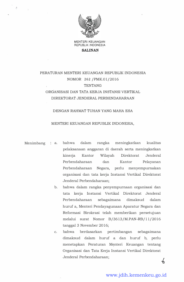 Peraturan Menteri Keuangan Nomor 262/PMK.01/2016