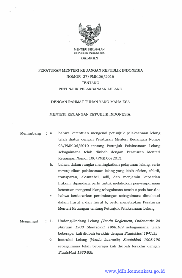 Peraturan Menteri Keuangan Nomor 27/PMK.06/2016