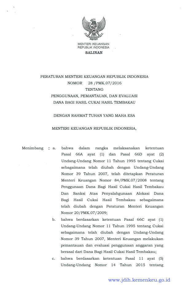 Peraturan Menteri Keuangan Nomor 28/PMK.07/2016