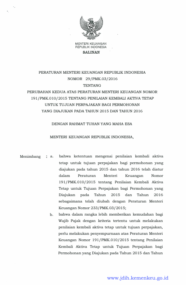 Peraturan Menteri Keuangan Nomor 29/PMK.03/2016