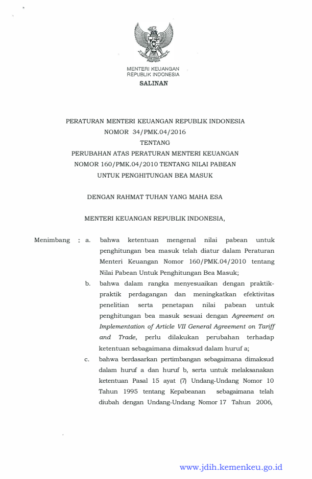 Peraturan Menteri Keuangan Nomor 34/PMK.04/2016