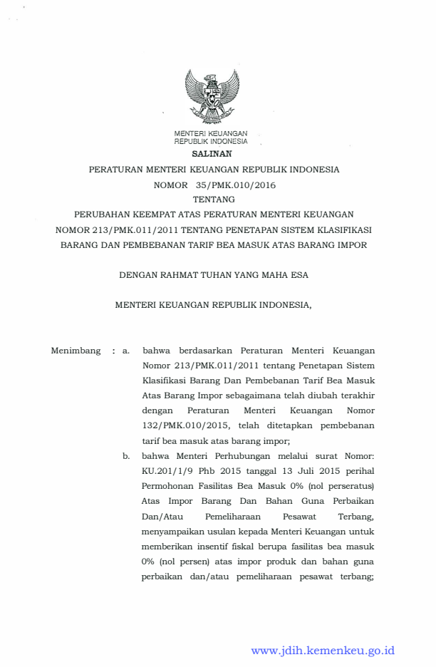 Peraturan Menteri Keuangan Nomor 35/PMK.010/2016