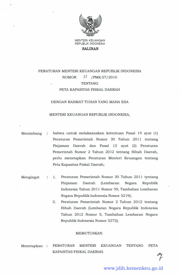 Peraturan Menteri Keuangan Nomor 37/PMK.07/2016