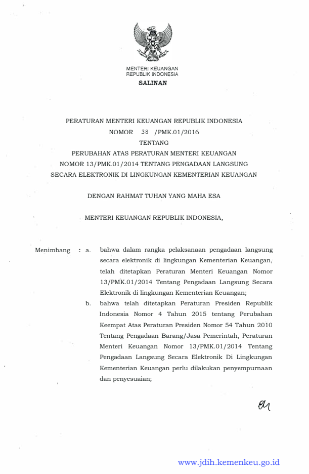 Peraturan Menteri Keuangan Nomor 38/PMK.01/2016