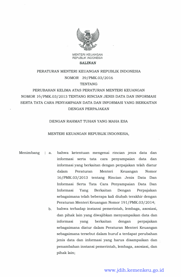 Peraturan Menteri Keuangan Nomor 39/PMK.03/2016