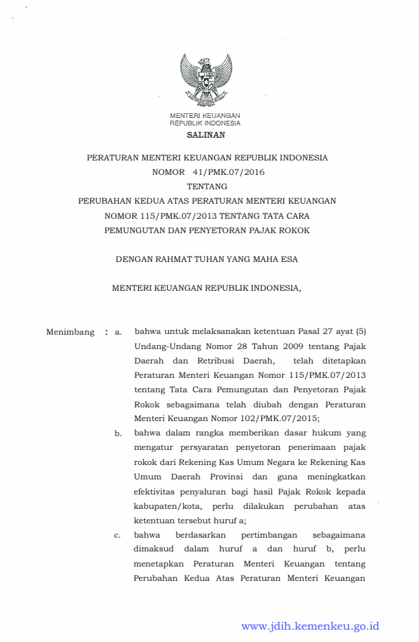 Peraturan Menteri Keuangan Nomor 41/PMK.07/2016