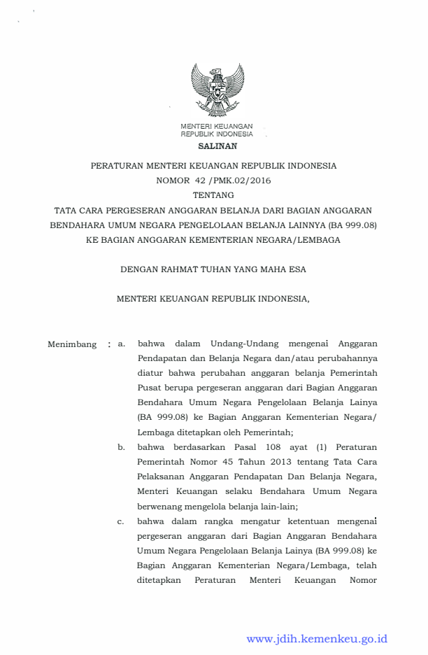 Peraturan Menteri Keuangan Nomor 42/PMK.02/2016