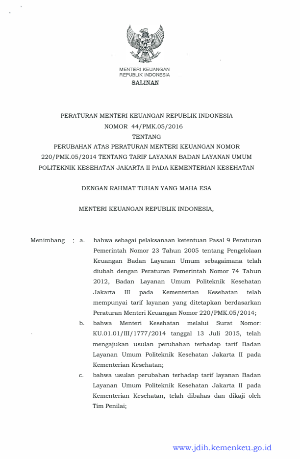 Peraturan Menteri Keuangan Nomor 44/PMK.05/2016