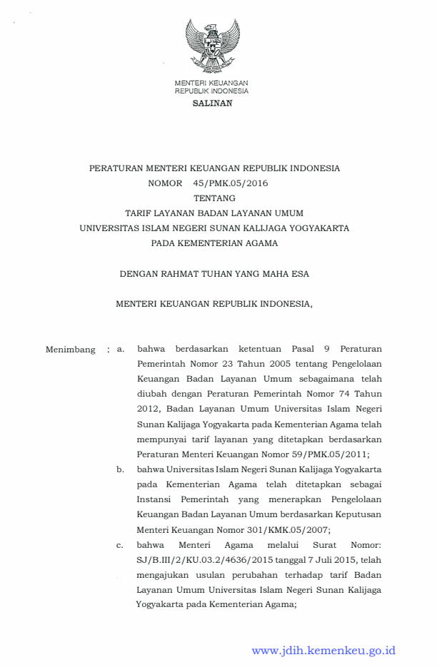 Peraturan Menteri Keuangan Nomor 45/PMK.05/2016