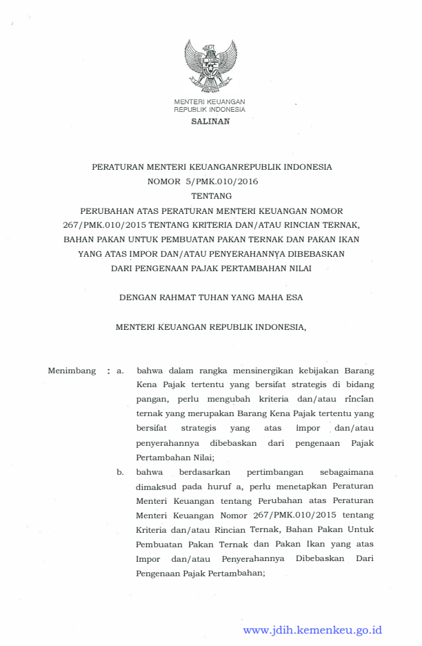 Peraturan Menteri Keuangan Nomor 5/PMK.010/2016