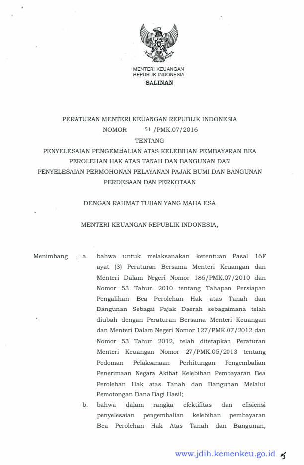 Peraturan Menteri Keuangan Nomor 51/PMK.07/2016