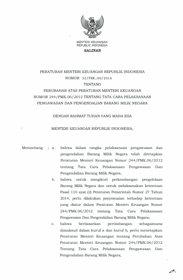 Peraturan Menteri Keuangan Nomor 52/PMK.06/2016