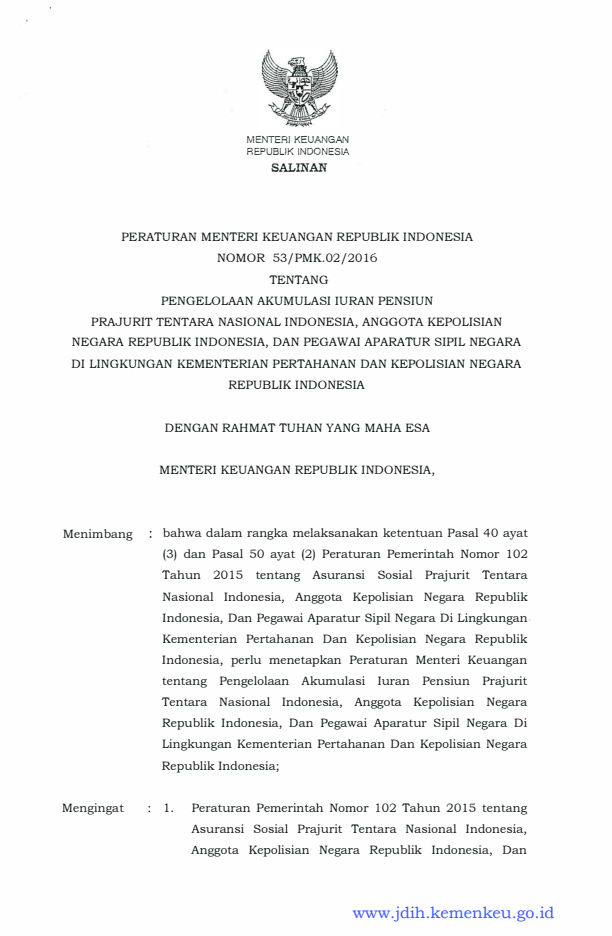 Peraturan Menteri Keuangan Nomor 53/PMK.02/2016