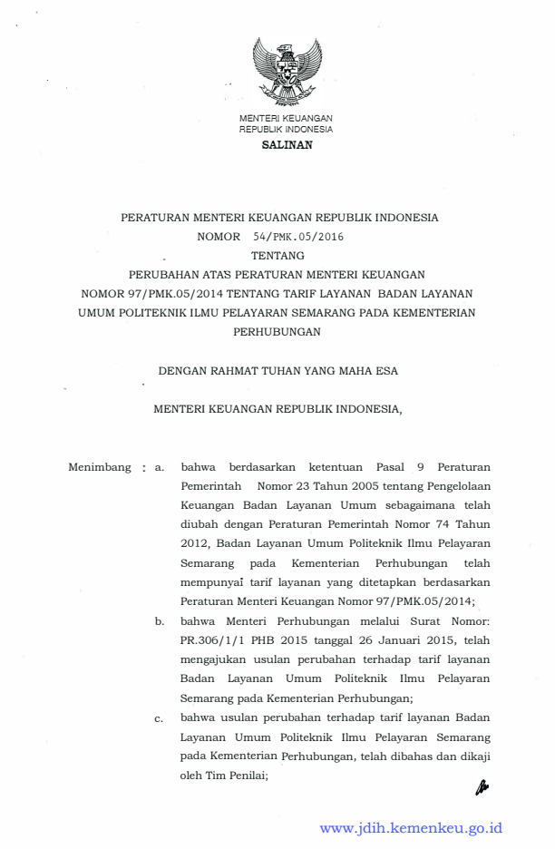 Peraturan Menteri Keuangan Nomor 54/PMK.05/2016