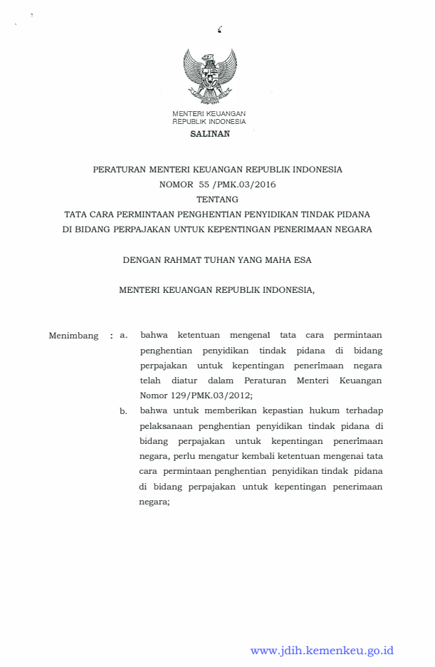 Peraturan Menteri Keuangan Nomor 55/PMK.03/2016