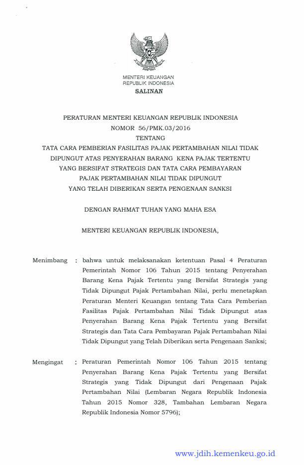 Peraturan Menteri Keuangan Nomor 56/PMK.03/2016