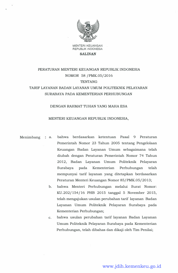 Peraturan Menteri Keuangan Nomor 58/PMK.05/2016