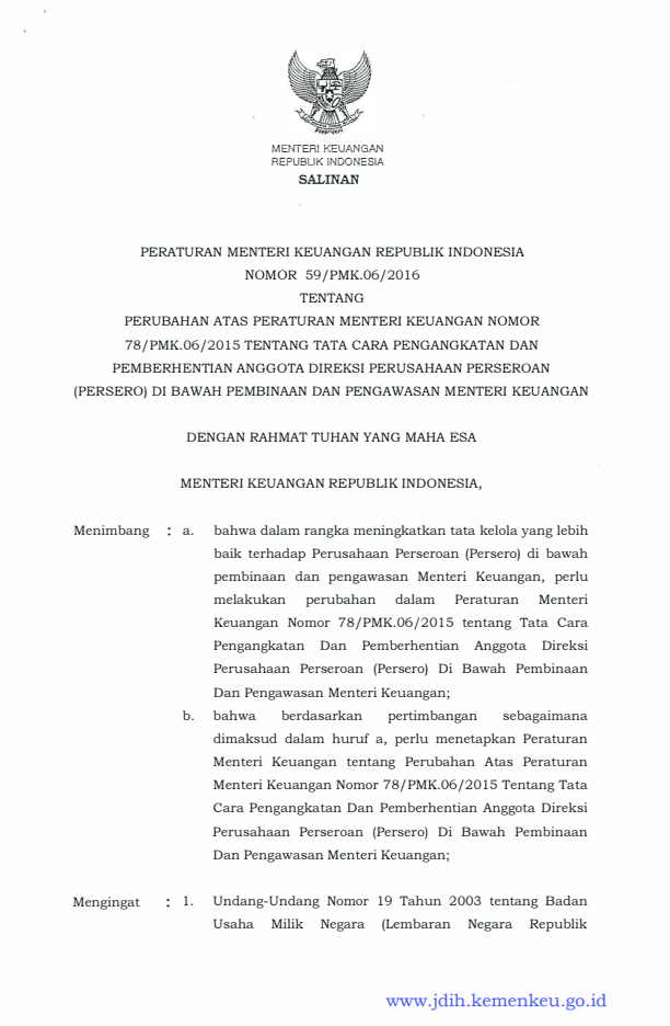 Peraturan Menteri Keuangan Nomor 59/PMK.06/2016