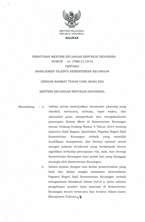 Peraturan Menteri Keuangan Nomor 60/PMK.01/2016