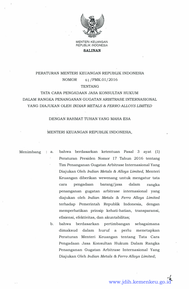 Peraturan Menteri Keuangan Nomor 61/PMK.01/2016