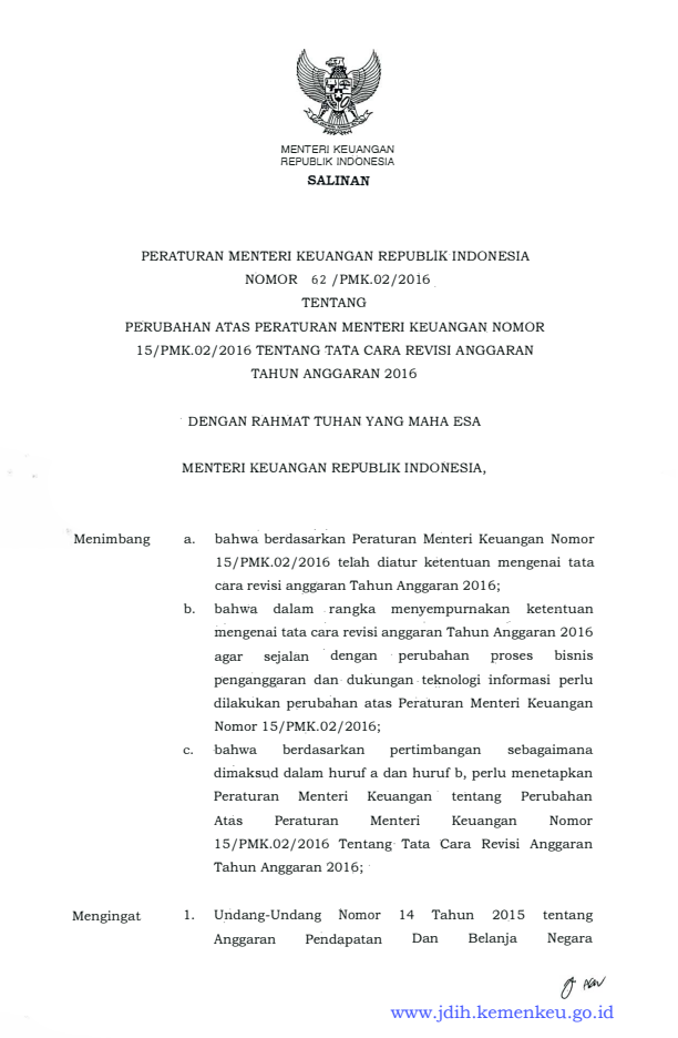 Peraturan Menteri Keuangan Nomor 62/PMK.02/2016