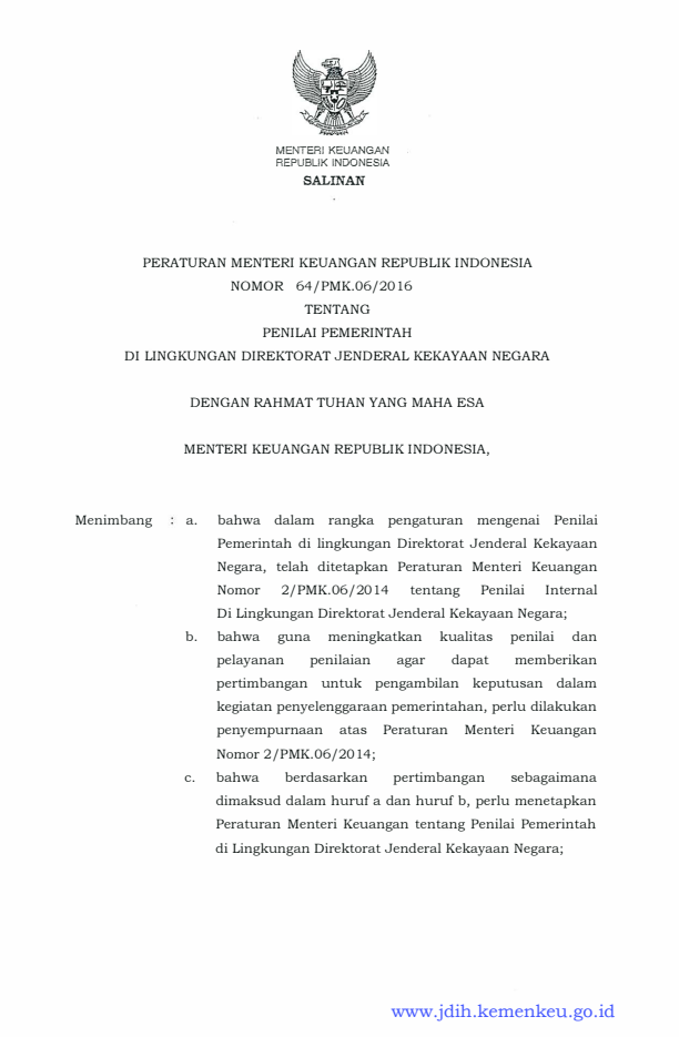 Peraturan Menteri Keuangan Nomor 64/PMK.06/2016