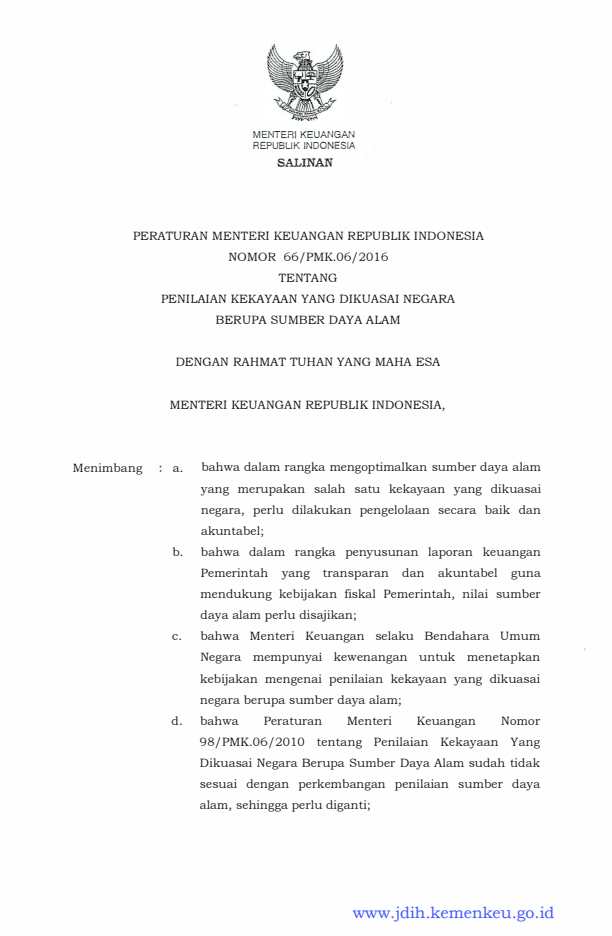 Peraturan Menteri Keuangan Nomor 66/PMK.06/2016