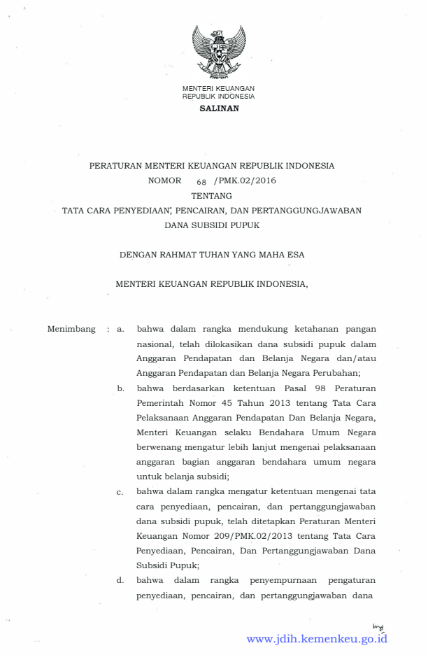 Peraturan Menteri Keuangan Nomor 68/PMK.02/2016