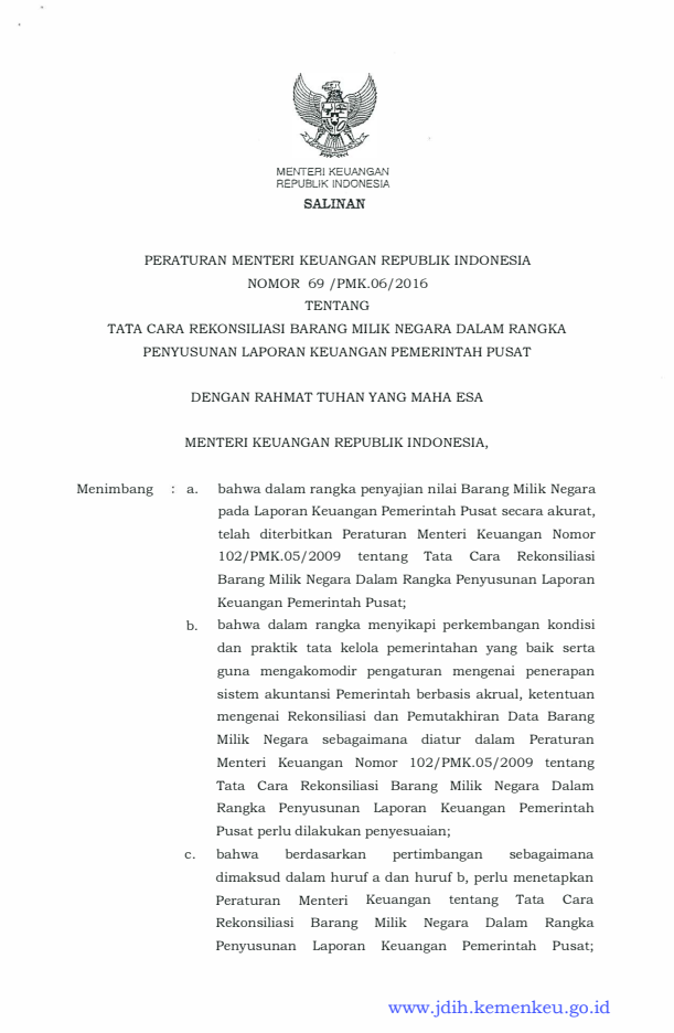 Peraturan Menteri Keuangan Nomor 69/PMK.06/2016