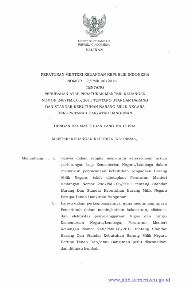 Peraturan Menteri Keuangan Nomor 7/PMK.06/2016