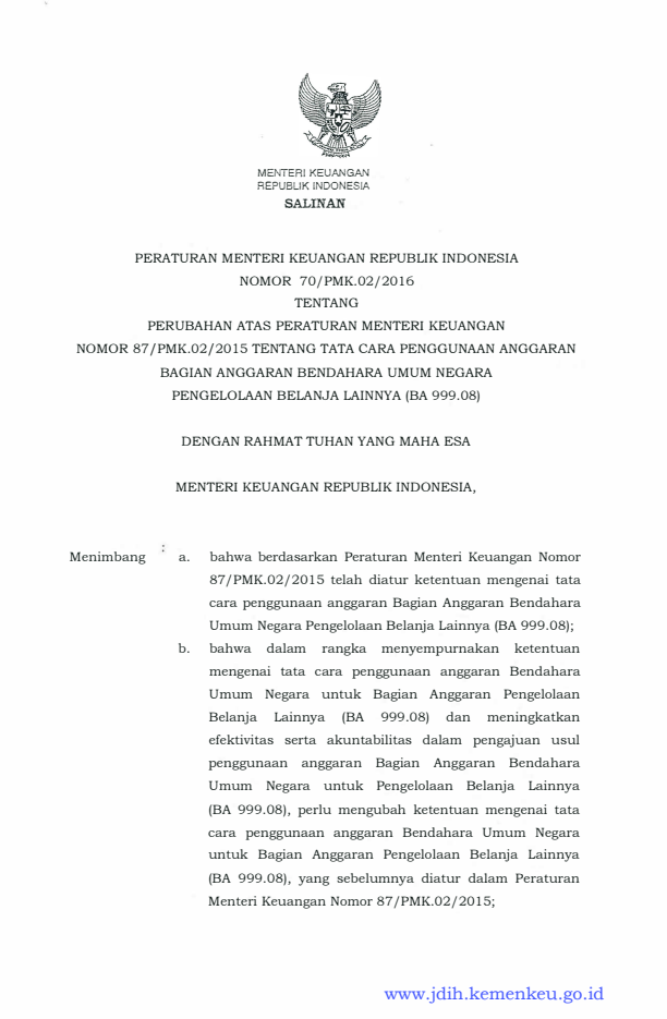 Peraturan Menteri Keuangan Nomor 70/PMK.02/2016