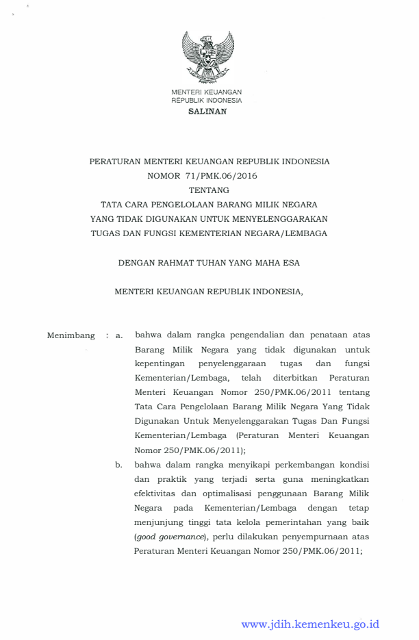 Peraturan Menteri Keuangan Nomor 71/PMK.06/2016