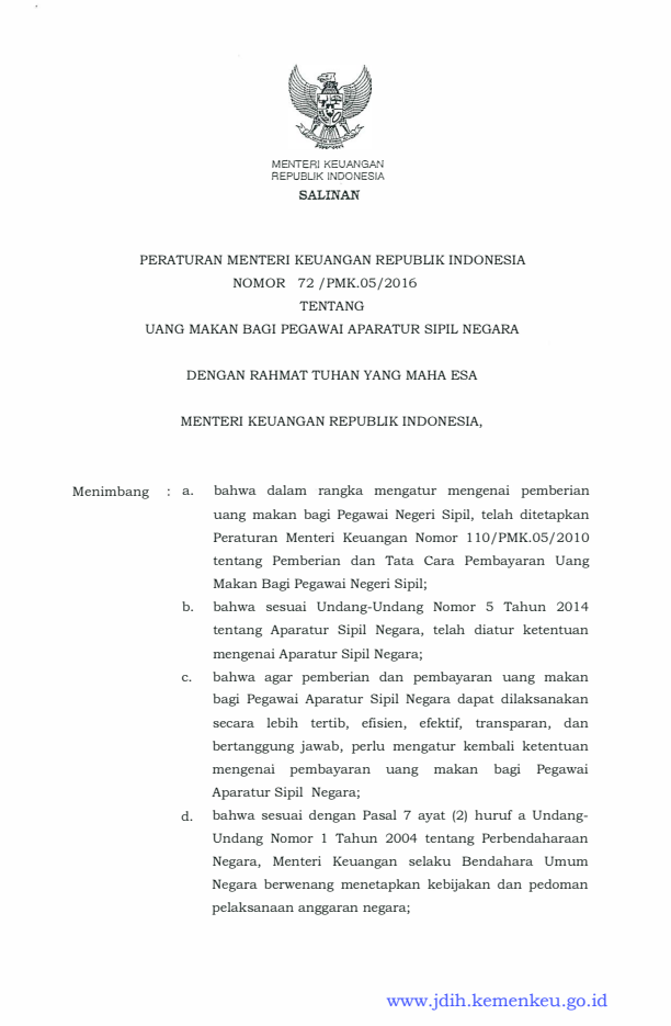 Peraturan Menteri Keuangan Nomor 72/PMK.05/2016