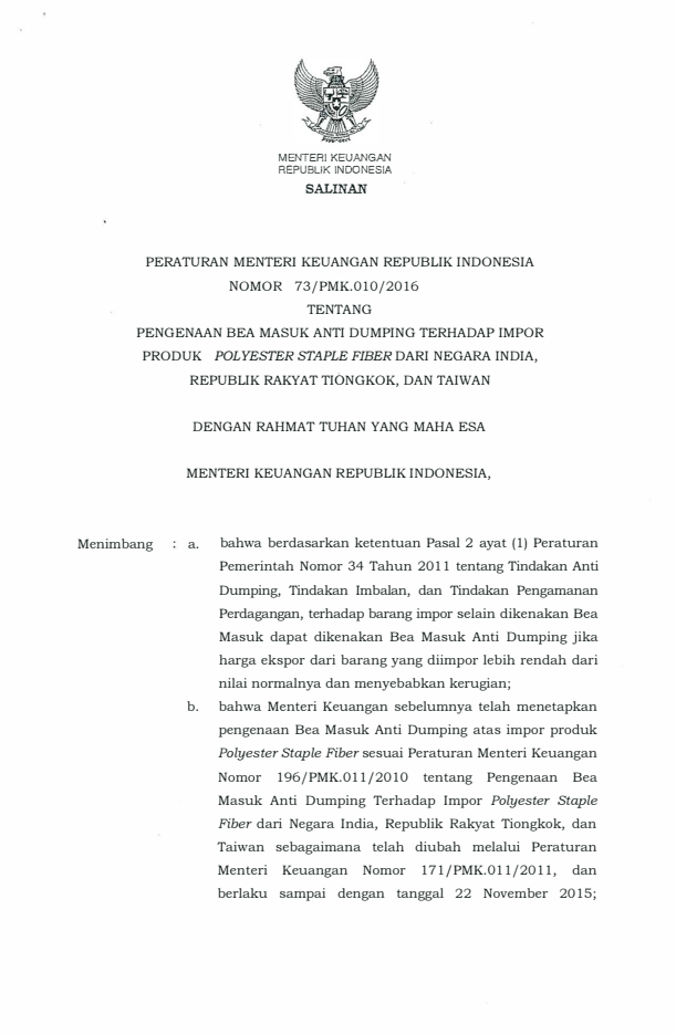 Peraturan Menteri Keuangan Nomor 73/PMK.010/2016