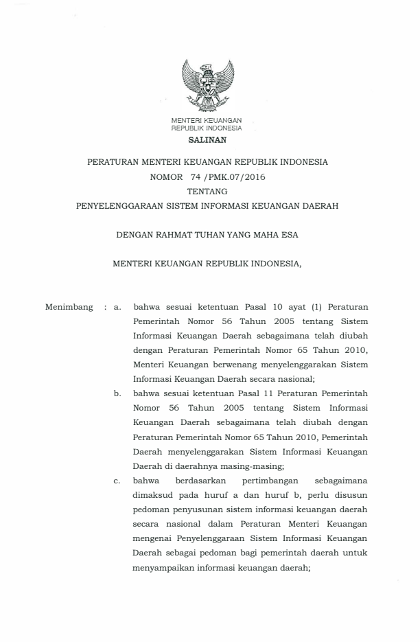 Peraturan Menteri Keuangan Nomor 74/PMK.07/2016