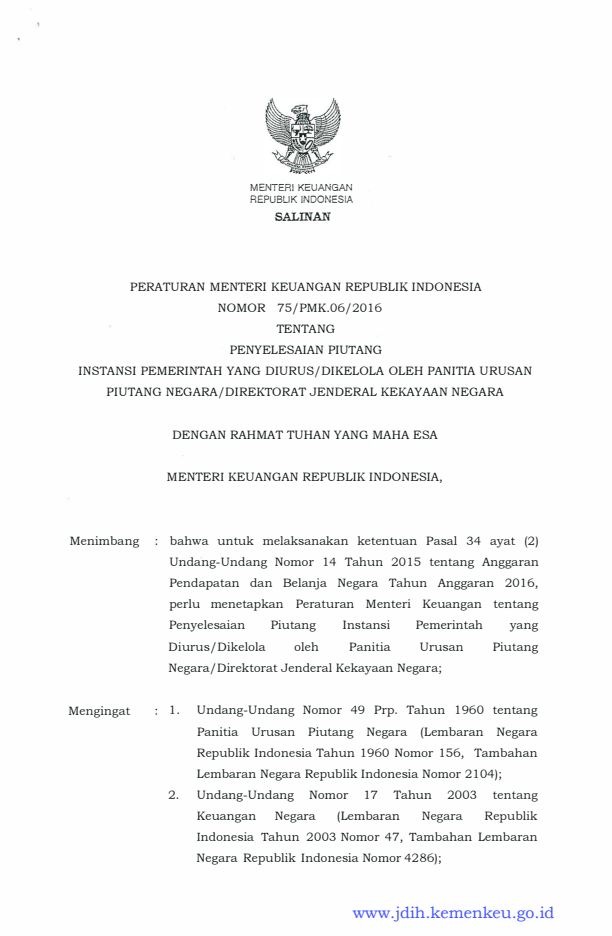 Peraturan Menteri Keuangan Nomor 75/PMK.06/2016