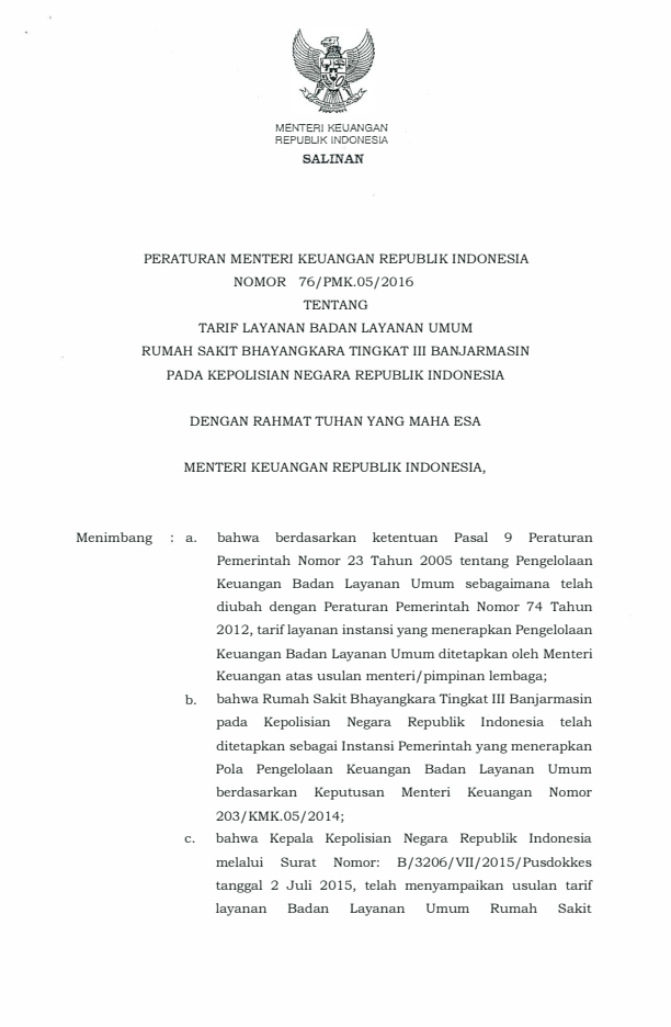 Peraturan Menteri Keuangan Nomor 76/PMK.05/2016