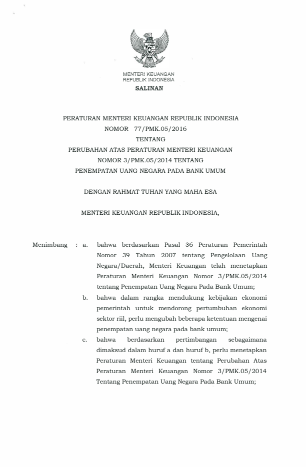 Peraturan Menteri Keuangan Nomor 77/PMK.05/2016