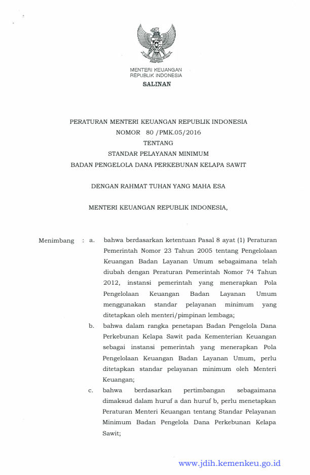 Peraturan Menteri Keuangan Nomor 80/PMK.05/2016