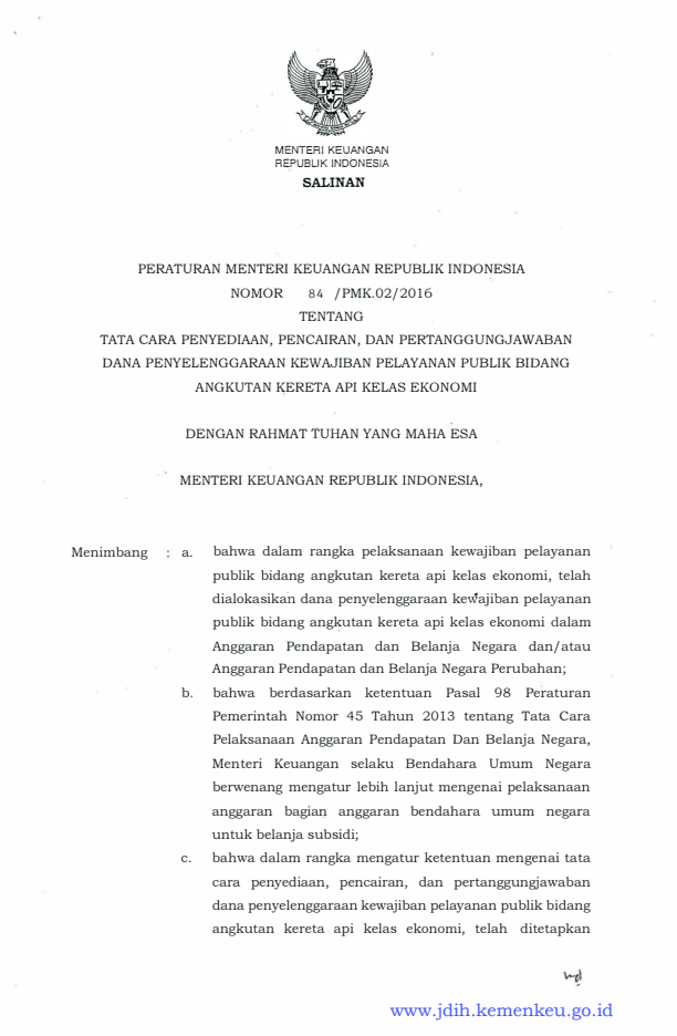 Peraturan Menteri Keuangan Nomor 84/PMK.02/2016