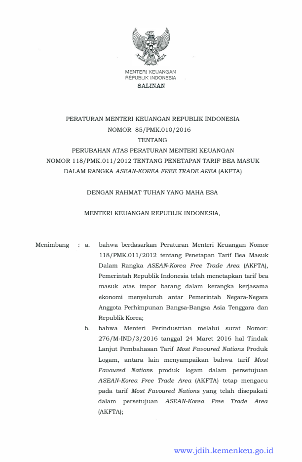 Peraturan Menteri Keuangan Nomor 85/PMK.010/2016