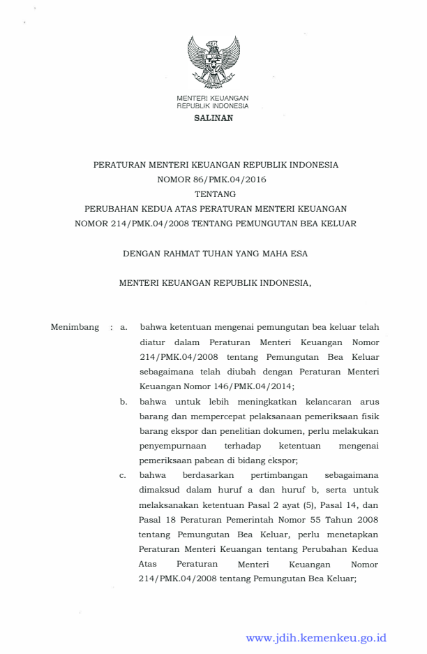 Peraturan Menteri Keuangan Nomor 86/PMK.04/2016