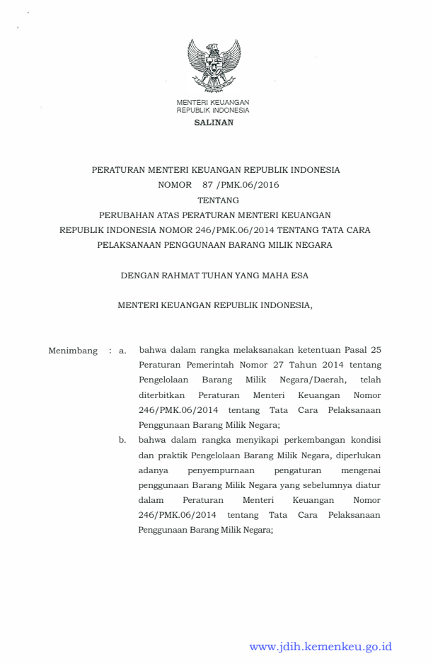 Peraturan Menteri Keuangan Nomor 87/PMK.06/2016