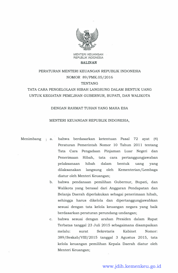 Peraturan Menteri Keuangan Nomor 89/PMK.05/2016